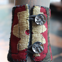 Allow Your Soul Cuff Bracelet with Antique Embroidered Textile, Antique French Medals,Faceted Almandine Garnet & Religious Rose