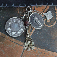 Allow Your Soul Cuff Bracelet with Antique Embroidered Textile, Antique French Medals,Faceted Almandine Garnet & Religious Rose