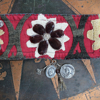 Allow Your Soul Cuff Bracelet with Antique Embroidered Textile, Antique French Medals,Faceted Almandine Garnet & Religious Rose