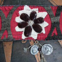 Allow Your Soul Cuff Bracelet with Antique Embroidered Textile, Antique French Medals,Faceted Almandine Garnet & Religious Rose