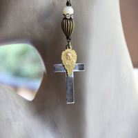 Antique French Sterling Engraved Nun's Cross Earrings w/Gold Leaf Mary and Jesus Findings, Antique Rhinestone Rondelles, Sterling Earring Wires