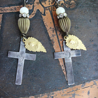 Antique French Sterling Engraved Nun's Cross Earrings w/Gold Leaf Mary and Jesus Findings, Antique Rhinestone Rondelles, Sterling Earring Wires