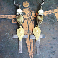 NEW! Antique French Sterling Engraved Nun's Cross Earrings w/Gold Leaf Mary and Jesus Findings, Antique Rhinestone Rondelles, Sterling Earring Wires