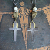NEW! Antique French Sterling Engraved Nun's Cross Earrings w/Gold Leaf Mary and Jesus Findings, Antique Rhinestone Rondelles, Sterling Earring Wires