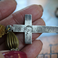 NEW! Antique French Sterling Engraved Nun's Cross Earrings w/Gold Leaf Mary and Jesus Findings, Antique Rhinestone Rondelles, Sterling Earring Wires