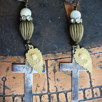 NEW! Antique French Sterling Engraved Nun's Cross Earrings w/Gold Leaf Mary and Jesus Findings, Antique Rhinestone Rondelles, Sterling Earring Wires