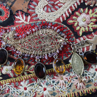 SOLD TO J One Spirit Cuff Bracelet & Earring Set w/Antique Embroidered Paisley Textile,14K GF Open Work & Gemstone Paisleys, Antique Sawtooth Set Crystals & More!