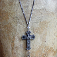 Rare Notre Dame Cross Necklace with Dove of Peace, Sacred Heart,4 Way Marian Cross Medals,Faceted Rock Crystals,Antique Silk Velvet  Chain