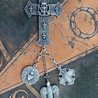 Rare Notre Dame Cross Necklace with Dove of Peace, Sacred Heart,4 Way Marian Cross Medals,Faceted Rock Crystals,Antique Silk Velvet  Chain