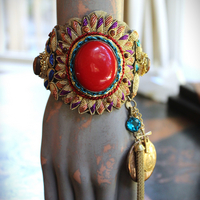 Antique Real Gold Metal & Gemstone Red Coral Textile Cuff Bracelet with Antique Rolled Gold Locket,Antique French Marian Medal & More!