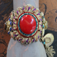 Antique Real Gold Metal & Gemstone Red Coral Textile Cuff Bracelet with Antique Rolled Gold Locket,Antique French Marian Medal & More!