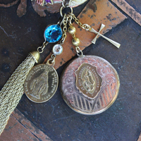 Antique Real Gold Metal & Gemstone Red Coral Textile Cuff Bracelet with Antique Rolled Gold Locket,Antique French Marian Medal & More!