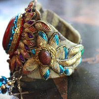 Antique Real Gold Metal & Gemstone Red Coral Textile Cuff Bracelet with Antique Rolled Gold Locket,Antique French Marian Medal & More!