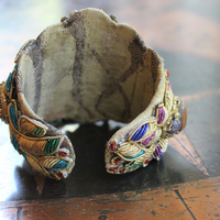 Antique Real Gold Metal & Gemstone Red Coral Textile Cuff Bracelet with Antique Rolled Gold Locket,Antique French Marian Medal & More!