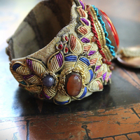 Antique Real Gold Metal & Gemstone Red Coral Textile Cuff Bracelet with Antique Rolled Gold Locket,Antique French Marian Medal & More!