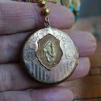 Antique Real Gold Metal & Gemstone Red Coral Textile Cuff Bracelet with Antique Rolled Gold Locket,Antique French Marian Medal & More!