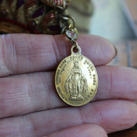 Antique Real Gold Metal & Gemstone Red Coral Textile Cuff Bracelet with Antique Rolled Gold Locket,Antique French Marian Medal & More!