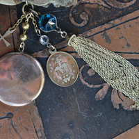 Antique Real Gold Metal & Gemstone Red Coral Textile Cuff Bracelet with Antique Rolled Gold Locket,Antique French Marian Medal & More!