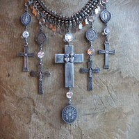 The Stigmata Necklace with Antique French Crosses,Wounds of Christ Medals,Antique Bezel Set Faceted Crystal Connectors & More!