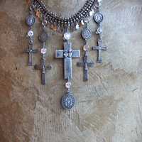The Stigmata Necklace with Antique French Crosses,Wounds of Christ Medals,Antique Bezel Set Faceted Crystal Connectors & More!