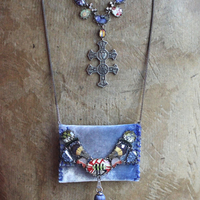 3 Strand Necklace with Ombre Silk Velvet Pouch,Unique Bevelled Glass Findings,Antique French Flaming Sacred Heart Cross of Lorrain, Victorian Puff Heart