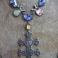 3 Strand Necklace with Ombre Silk Velvet Pouch,Unique Bevelled Glass Findings,Antique French Flaming Sacred Heart Cross of Lorrain, Victorian Puff Heart