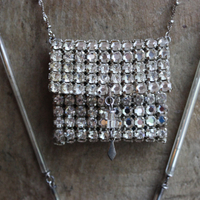 NEW! Antique Faceted Rhinestone Pouch Pendant and Faceted Rock Quartz Necklace Set with Antique Foil Lined Bugle Bead Chain,Sterling Bead Point Chain