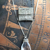 NEW! Antique Faceted Rhinestone Pouch Pendant and Faceted Rock Quartz Necklace Set with Antique Foil Lined Bugle Bead Chain,Sterling Bead Point Chain