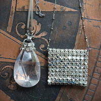 NEW! Antique Faceted Rhinestone Pouch Pendant and Faceted Rock Quartz Necklace Set with Antique Foil Lined Bugle Bead Chain,Sterling Bead Point Chain