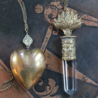 Antique French Engraved Ex Voto Locket & Flaming Clear Rock Quartz Point Necklace Set