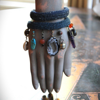 Hand Stitched Antique Loomed Serape Textile Layering Bracelet Set with Antique Thangka Painted Leather Caps, Sliced Geode Druzy,Polished Amethyst Drop and More!