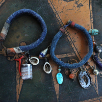 Hand Stitched Antique Loomed Serape Textile Layering Bracelet Set with Antique Thangka Painted Leather Caps, Sliced Geode Druzy,Polished Amethyst Drop and More!