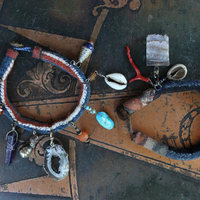 Hand Stitched Antique Loomed Serape Textile Layering Bracelet Set with Antique Thangka Painted Leather Caps, Sliced Geode Druzy,Polished Amethyst Drop and More!