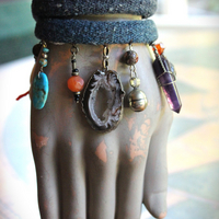 Hand Stitched Antique Loomed Serape Textile Layering Bracelet Set with Antique Thangka Painted Leather Caps, Sliced Geode Druzy,Polished Amethyst Drop and More!