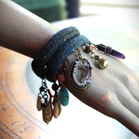 Hand Stitched Antique Loomed Serape Textile Layering Bracelet Set with Antique Thangka Painted Leather Caps, Sliced Geode Druzy,Polished Amethyst Drop and More!