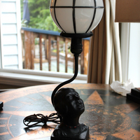 Antique Sculptural Moon Globe Lamp with Amazing Bronze Sculptural Face and Leaded Glass Moon Orb
