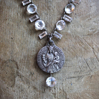 Rare Antique French Reine du Clerge & Saint Tarcisius Medal and Faceted Rock Crystal Chain Necklace Set