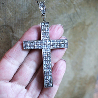 Exceptional & Rare Antique Faceted Georgian Paste Cross Necklace with Sterling Chain & Antique Rose Cut Georgian Paste Bale