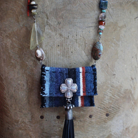Antique Loomed Serape Textile Pouch Necklace with Blessing and Prayer Book, Multiple Gemstones, Butter Soft Black Leather Ties