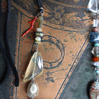 Antique Loomed Serape Textile Pouch Necklace with Blessing and Prayer Book, Multiple Gemstones, Butter Soft Black Leather Ties