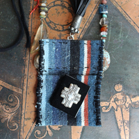 Antique Loomed Serape Textile Pouch Necklace with Blessing and Prayer Book, Multiple Gemstones, Butter Soft Black Leather Ties