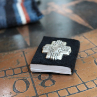 Antique Loomed Serape Textile Pouch Necklace with Blessing and Prayer Book, Multiple Gemstones, Butter Soft Black Leather Ties