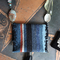 Antique Loomed Serape Textile Pouch Necklace with Blessing and Prayer Book, Multiple Gemstones, Butter Soft Black Leather Ties