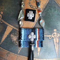 Antique Loomed Serape Textile Pouch Necklace with Blessing and Prayer Book, Multiple Gemstones, Butter Soft Black Leather Ties