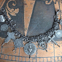 NEW! Sterling Charm Bracelet with 9 Unique French Medals and Crosses, Dozens of Sterling Tear Drops and Sterling Clasp