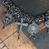 NEW! Sterling Charm Bracelet with 9 Unique French Medals and Crosses, Dozens of Sterling Tear Drops and Sterling Clasp