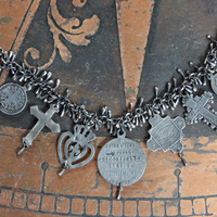 NEW! Sterling Charm Bracelet with 9 Unique French Medals and Crosses, Dozens of Sterling Tear Drops and Sterling Clasp