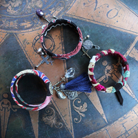 Antique Embroidered Textile Bangle Set with Antique Medals and Crosses, Gemstone Drops,Quartz Point,Silk Tassel & More!