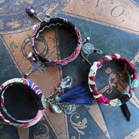 Antique Embroidered Textile Bangle Set with Antique Medals and Crosses, Gemstone Drops,Quartz Point,Silk Tassel & More!