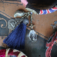 Antique Embroidered Textile Bangle Set with Antique Medals and Crosses, Gemstone Drops,Quartz Point,Silk Tassel & More!